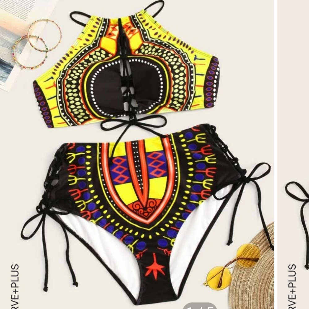 Plus Geo Print Lace-Up Bikini Swimsuit
